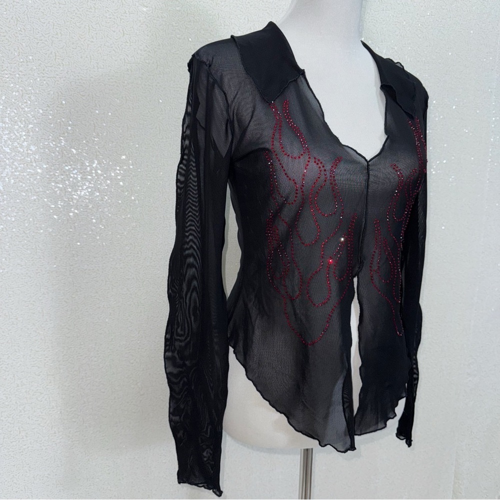 Urban Outfitters Sheer Mesh Rhinestone Flame Top L Y2K Goth Fairy Grunge - Picture 9 of 16